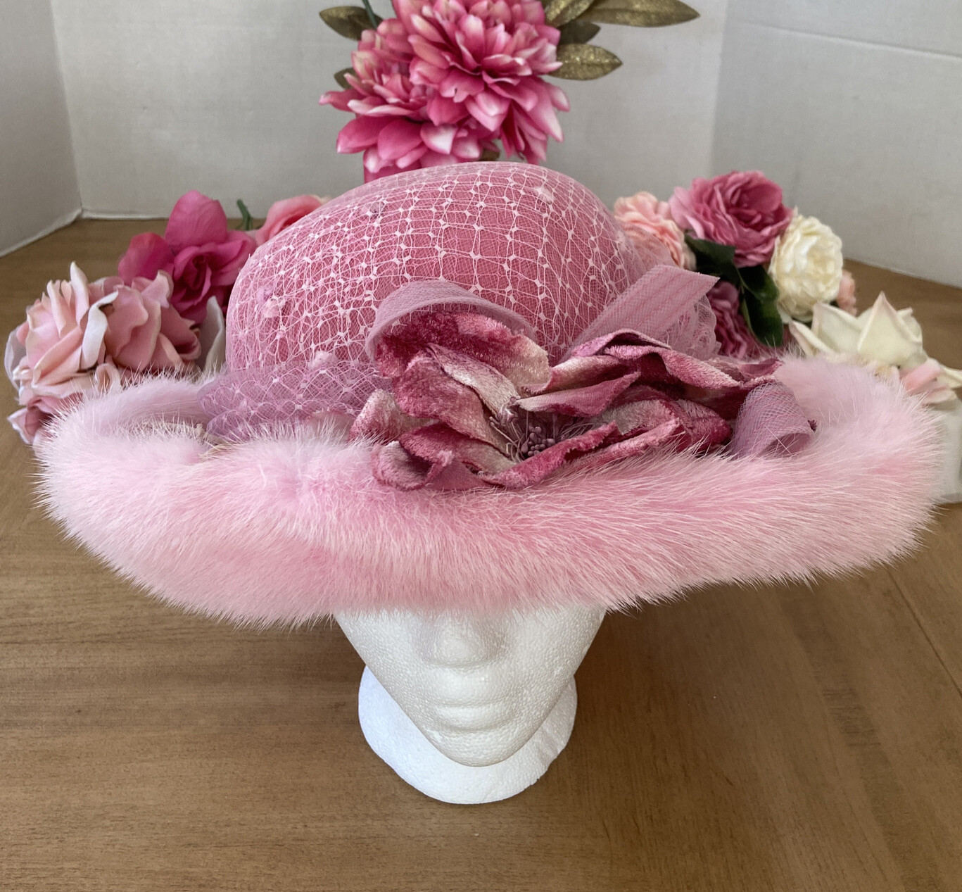 Edwards Lowell Beverly Hills Boutique Pink Hat Flower Lace Vtg Designer Original