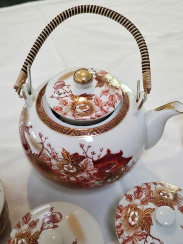 Juego de té japonés Kutani Yaki tetera pavo real rojo y peonías con tapa, tazas de té/saki - Imagen 8 de 15