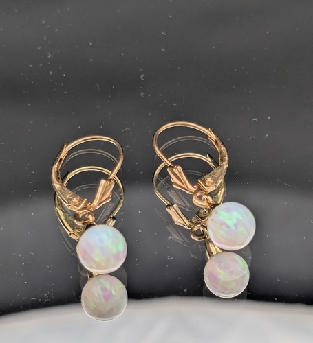 14k Yellow Gold Opal 6mm Round Dangle Drop Snap Back Earrings ~ 1.1g Total - Imagen 8 de 11