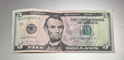 QD 19760411 A - Birthday 1976 April 11 Rare Lucky Note $5 Dollar Bill Fancy No.