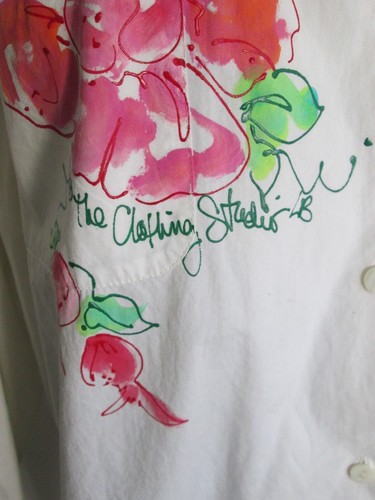 Camicia tunica Arleen Bowman mento mento taglia L 100% cotone bianco dipinto a mano floreale - Foto 6 di 7
