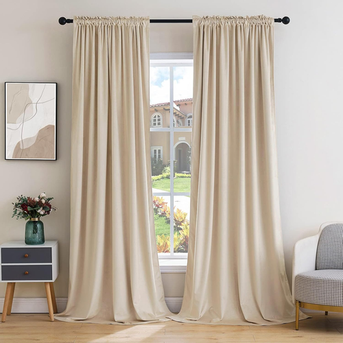 Beige Velvet Curtains Thermal Insulated Blackout Curtain Drapes for Bedroom Livi - Picture 10 of 12