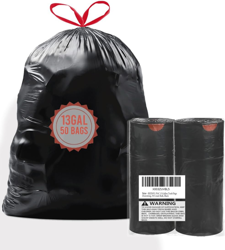 13 Gallon Trash Bags Drawstring, 50 Count Bulk, Black & Unscented Garbage Bags,  - Afbeelding 11 van 12