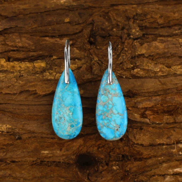 Natural Turquoise Stone Teardrop Dangle Earrings Blue Gemstone Drop Earrings - Image 2 of 2