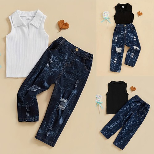 2PCS Toddler Kids Baby Girls Sleeveless Lapel Top Ripped Jeans Clothes Outfits - Picture 1 of 16