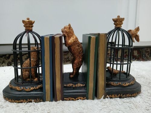 Juego de sujetalibros de 3 piezas - Jaulas para gatos y pájaros - Muy pesadas - Diseño detallado - Imagen 2 de 7
