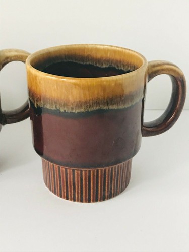 Set of 3 stacking coffee mugs, made in Japan, brown drip glaze - Picture 2 of 6