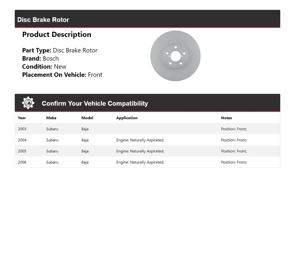 Rotor de freno de disco delantero QuietCast 2004 2005 para Subaru Baja Bosch 2003-2006 Foto 2 de 4