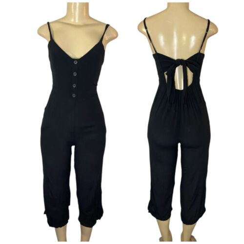 Abercrombie & Fitch Jumpsuit Black Linen Blend Small Bow Back Tie Wide Leg Crop