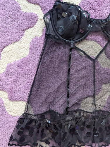 Vintage Y2K Victoria's Secret Black Sequin Polka Dotted Babydoll Lingerie 36C/M - Afbeelding 11 van 17