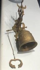 ANTIQUE Vintage Ornate Danish Heavy Brass Pull Chain Door Bell Latin Phrase