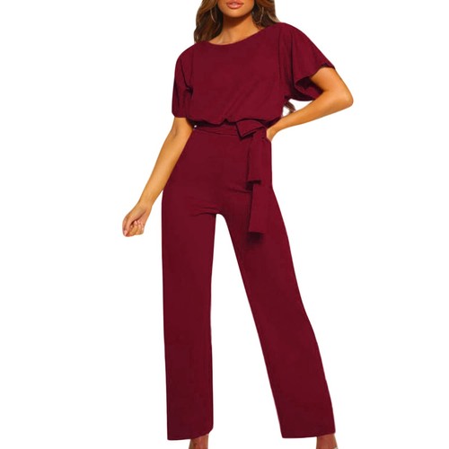 Women's Casual Loose Short Sleeve Belted Wide Leg Pants Solid Romper Jumpsuits - Bild 52 von 53