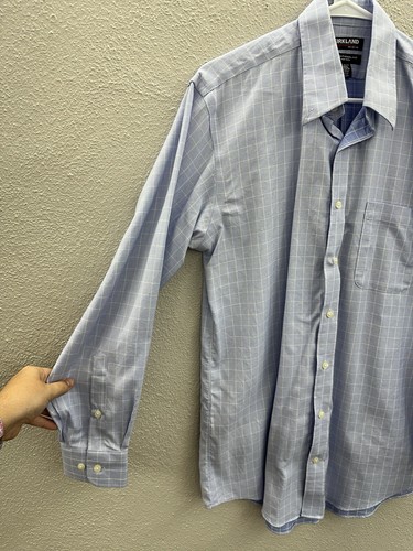 Kirkland Signature Mens Button Up Shirt 15.5 LongSleeve BluePlaid TraditionalFit - Picture 2 of 9