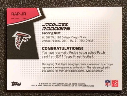 2011 Topps Finest RPA /50 Jacquizz Rodgers Rookie Patch Autograph Red Refractor - Picture 14 of 14