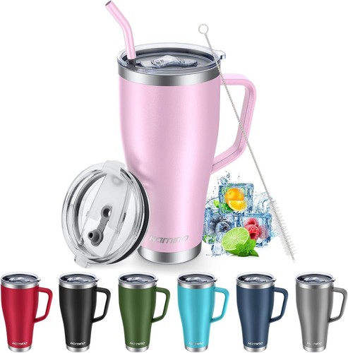 Gobelet isotherme double paroi 30 oz avec couvercle et poignée en paille - Bleu Tiffany - Photo 10/16