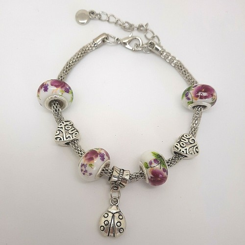New Silver Snake Chain Bracelet With Love Charms & Pretty Painted Beads, UK - Picture 6 of 6