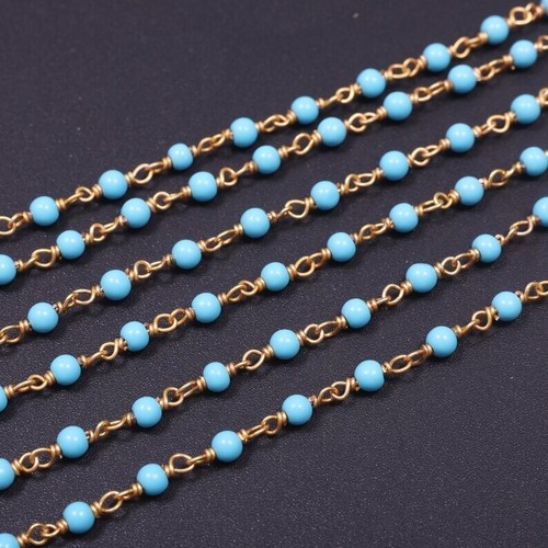 1,3,5 Feet Roll Bulk Silver Plated Smooth Turquoise Round Bead Rosary Chain 3mm - Picture 3 of 6