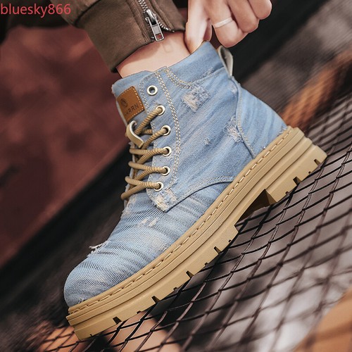 Hombres Punta Redonda Con Cordones Parte Superior Alta Botines Retro Botas de Denim Zapatos de Trabajo al Aire Libre - Imagen 15 de 24
