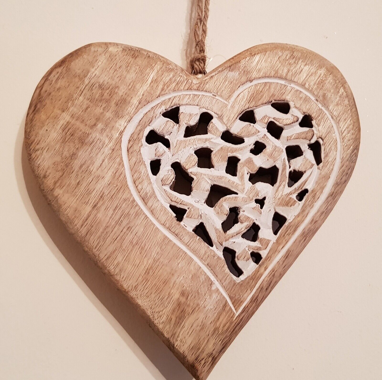 Wooden hanging heart wall art, hand carved in India white finish 20cm wide  NEW