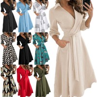 Womens Long Sleeve V Neck Midi Dress Ladies Lace Up Belted Solid Shirt Dress