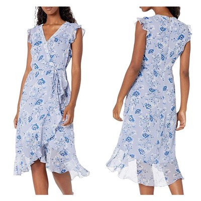 Karl Lagerfeld Paris Size 0 Lilac Floral Faux Wrap Tulip Hem Chiffon Dress $138