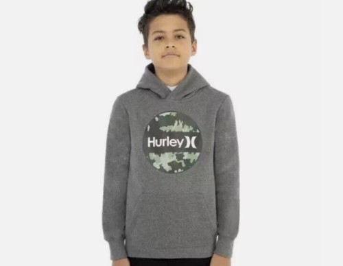Hurley Boys Hoodie Youth Medium Gray Pullover Sweatshirt Camo Logo