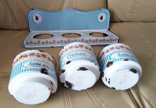 FRANZÖSISCHES ANTIKES BB Emaille SABON Regal mit Rosenmotiv seltenes blaues Streifendesign GEBRAUCHT - Bild 5 von 5