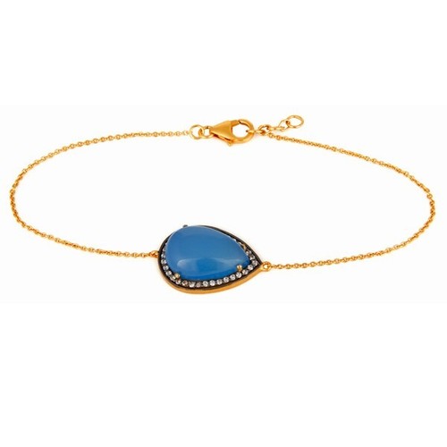 Gorgeous Blue Chalcedony Bracelet With CZ Yellow Gold Plated Party Wear Jewelry - Picture 1 of 3