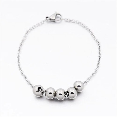 Bracelet Stainless Steel European Link Chain Bracelet w/ 5 Plain Silver Beads