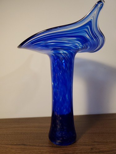 Flared Glass Decorative Vase Signed Glitter Blue & Clear Abstract - Picture 4 of 9