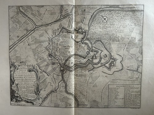 1736 Plan of Menen, Belgium Original Antique Map by Claude Du Bosc