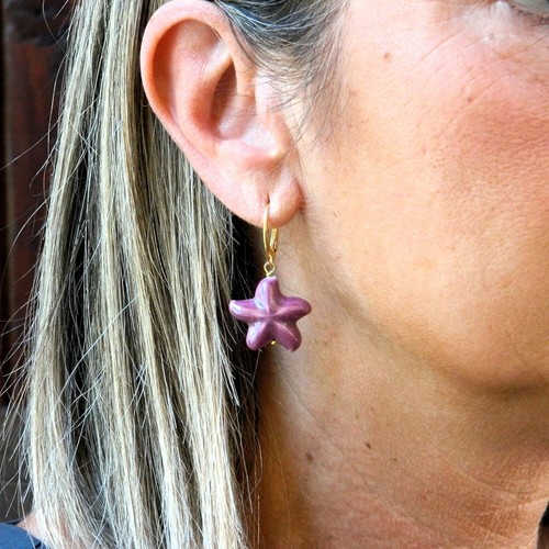 Orecchini stelle marine in ceramica lilla e viola, chiusura argento placcato oro - Picture 6 of 13