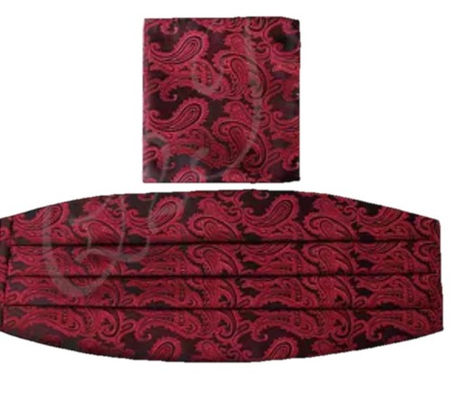 New Paisley Black / Red Men's Cummerbund And Bow tie & Pocket Square Hanky Set - Picture 6 of 6