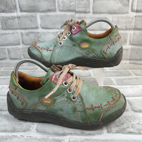 Zapatos gruesos cómodos con cordones de cuero cosido a mano verde 8,5 TMA Eyes para mujer