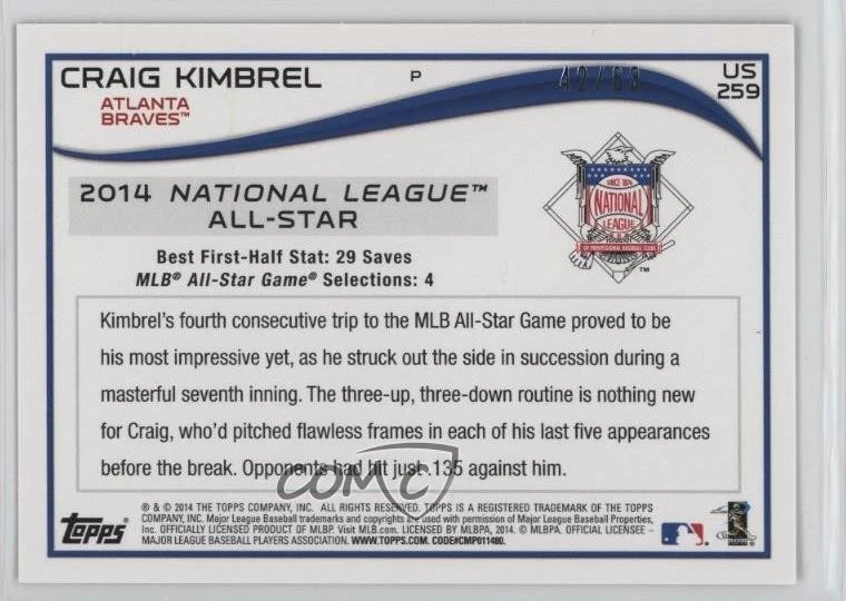 2014 Topps Update All-Star Black /63 Craig Kimbrel #US-259 - Image 2 of 2