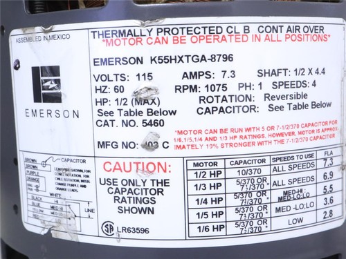 EMERSON K55HXTGA-8796 Blower Motor 1/2HP 115V 4SPD 1075RPM Reversible 5460 - Picture 2 of 4