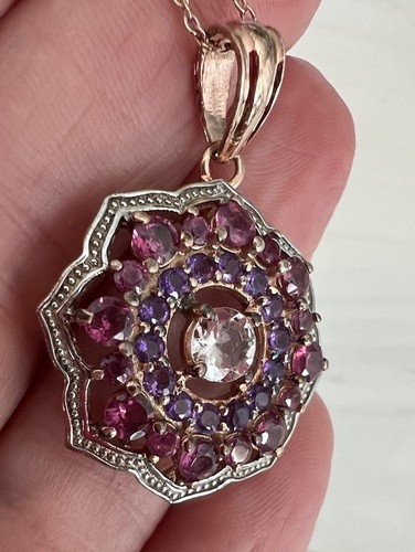 14K Rose Gold Plated Necklace, 2.30 Carat Genuine Morganite, Rhodolite Amethyst - Picture 8 of 17