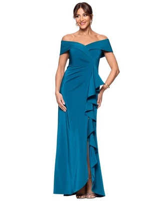 Xscape Women's Faile Satin Off-the-Shoulder Gown - Peacock - 14 - image 1 of 4