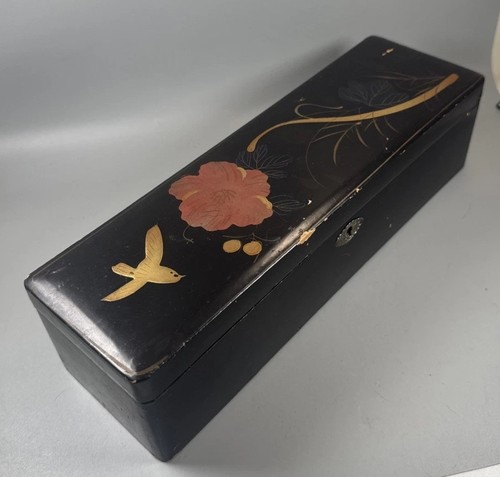 Vintage Japanese Lacquer Wood Box Hand Painted Floral Bird Design 11” - Picture 1 of 18