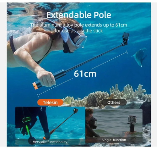 TELESIN Floating Tripod Selfie Stick 61cm For GoPro DJI Insta360 Action Camera - Picture 2 of 7