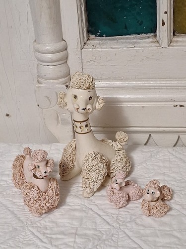 Vintage 1950s Pink Porcelain Spaghetti Poodle Family Mom, 2 Pups & White Father - Picture 2 of 20