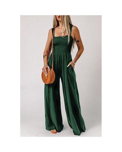 Azura Exchange Smocked Sleeveless Wide Leg Jumpsuit with Pockets Women Green - Picture 5 of 6