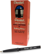 Pentel Rolling Writer Refills, R3 Slim Refill, Medium, Black, Box of 12 Refills