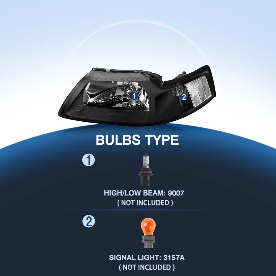 For 1999-2004 Ford Mustang Factory Style Black Clear Headlights Lamps Left+Right - Image 2 of 4