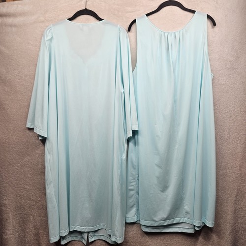 Shadowline Nightgown & Robe Set Womens 2X Teal Floral Embroidered Nylon Retro - Picture 2 of 13