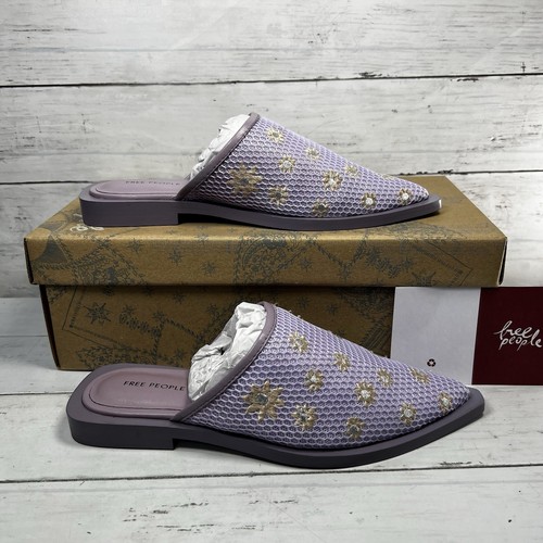 Free People Shoes Sz 7 Becky Daisy Mules Embroidered Flowers PURPLE Lavender - Picture 12 of 18