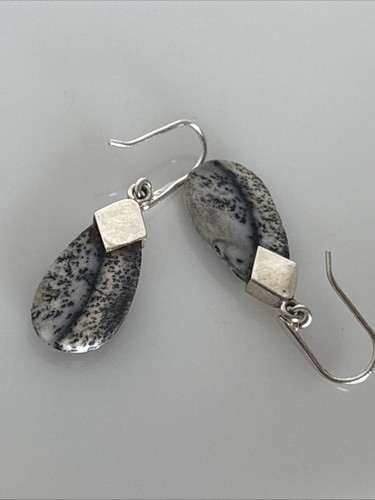 Sterling silver 925 natural Moss Agate dangle earrings 1 3/4". 3C - Picture 3 of 4