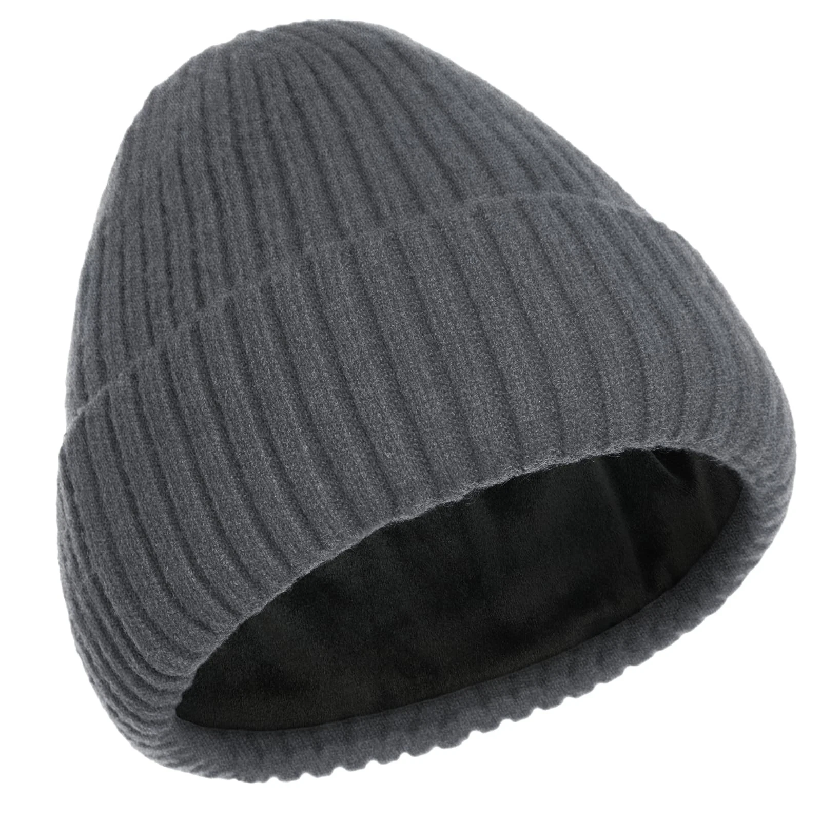 Warm Fleece Lined Beanie for Cold Weather - Thick Knit Winter Cap, Gray