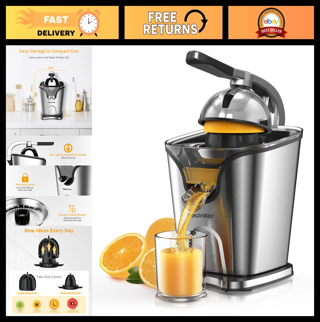 150W Electric Citrus Juicer Squeezer, Stainless Steel, 2 Cones, Quiet Orange Ext