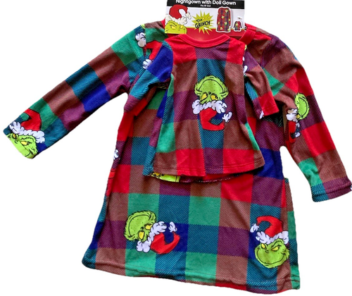 How The Grinch Stole Christmas Plaid Fleece Nightgown SZ 12 and 18” Doll Gown - Picture 5 of 10